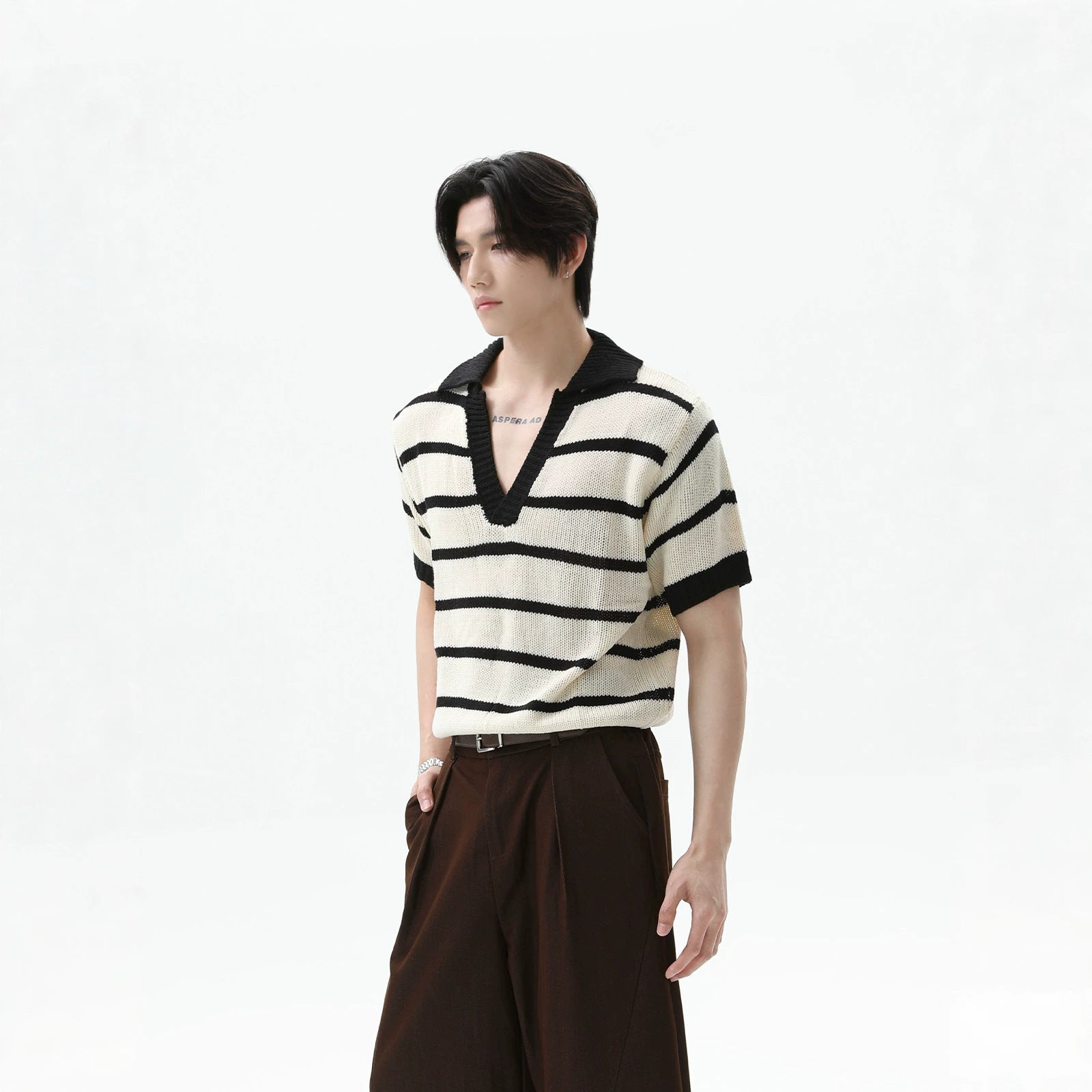 Casual Striped Color-Block V-Neck Mens Top