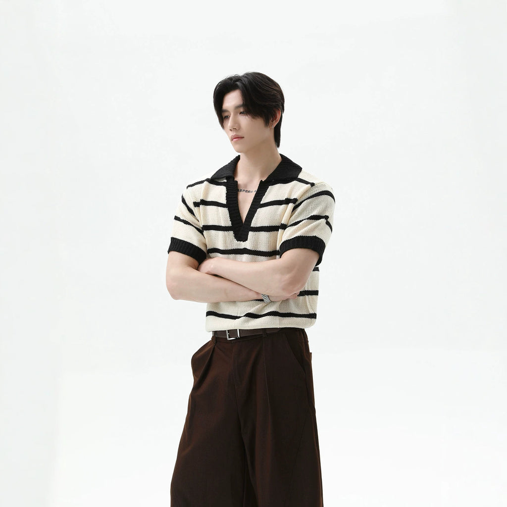 Casual Striped Color-Block V-Neck Mens Top