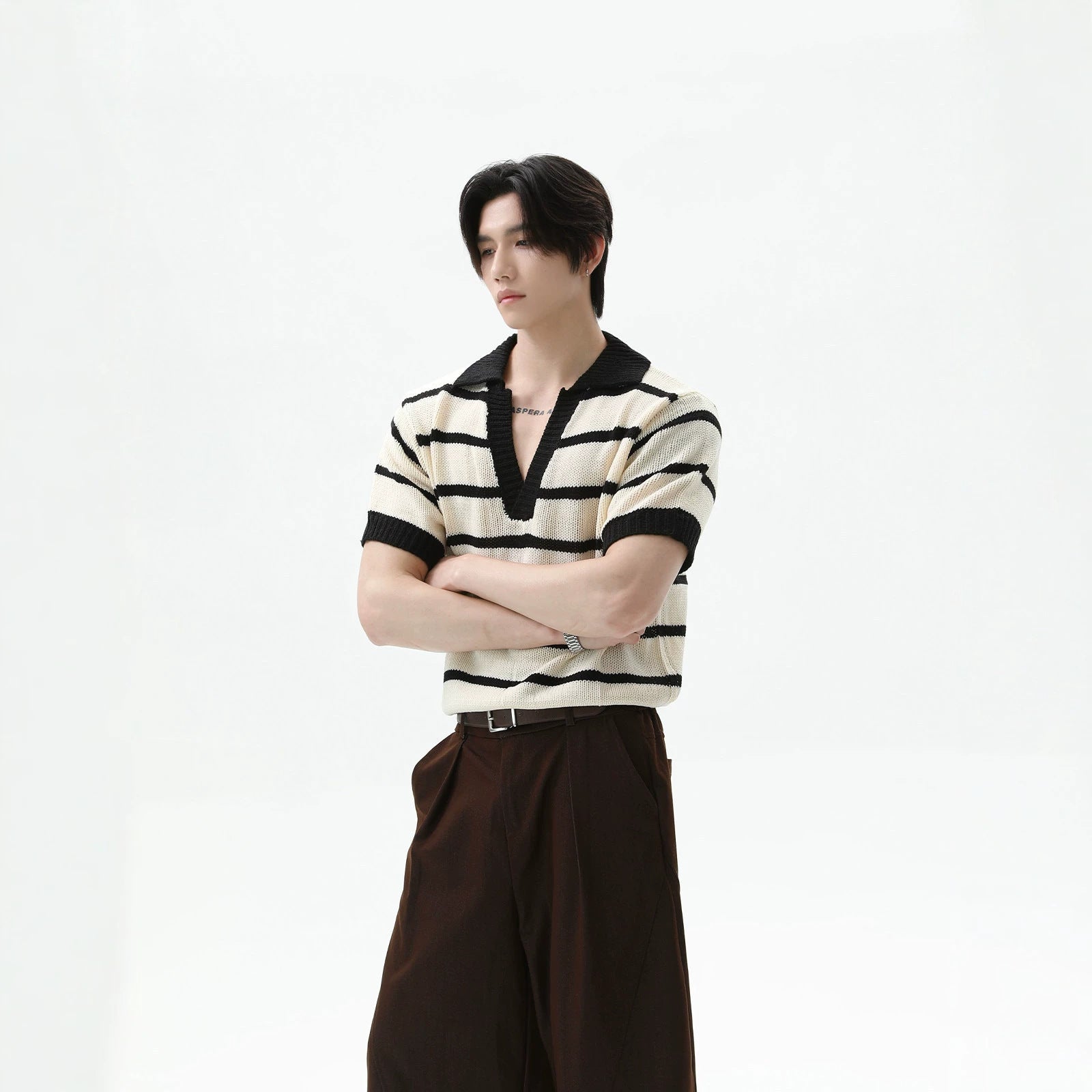 Casual Striped Color-Block V-Neck Mens Top