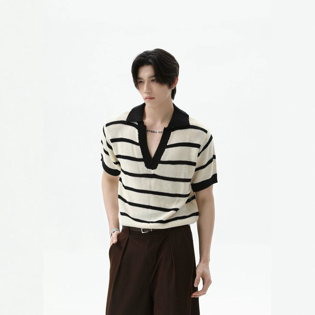 Casual Striped Color-Block V-Neck Mens Top